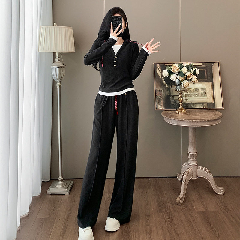 高级感黑色休闲运动套装女秋修身显瘦假两件长袖上衣阔腿裤两件套