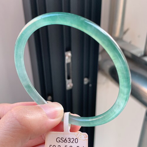 59圈口天然翡翠a货冰晴绿蓝绿色圆条叮当镯手镯有证书危料翡翠