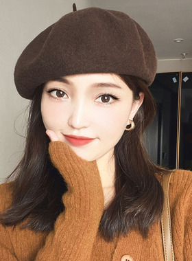 显脸小YYDS~大版型100wool羊毛贝雷帽女百搭立体咖色帽子女秋冬