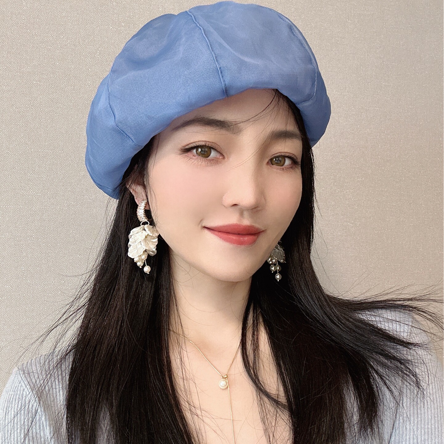 轻而朦胧美~三层桑蚕丝清冷蓝色贝雷帽女春夏小众显气质立体帽子