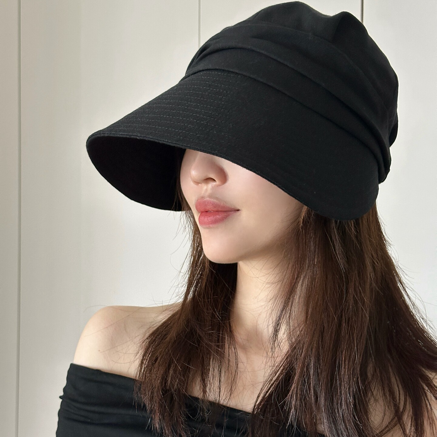 日本UV显脸小立体褶皱黑色防晒大檐鸭舌渔夫帽女接触冷感遮阳帽夏