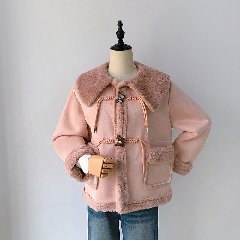 韩系冬季新款2025皮毛一体外套女短款加绒加厚小众设计感保暖上衣