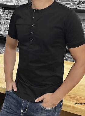 男士夏季美式免烫长筒亨利领修身多码纯棉净色短袖上衣打底衫T恤