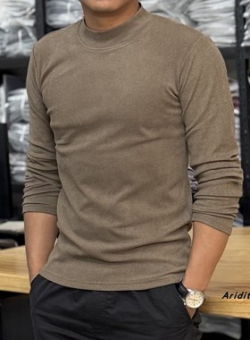 男士冬季套头青年修身纯色半高领保暖加厚长袖双面德绒打底衫上衣