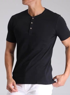 夏季硬汉免烫纯棉男门筒亨利领短袖薄款修身黑色舒适简约上衣T恤