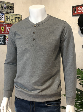 重磅厚实型男纯棉品质开筒亨利领休闲宽松灰色保暖卫衣上衣T恤