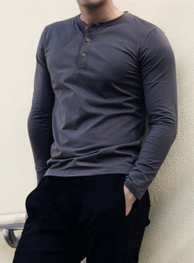 美式复古休闲门筒亨利领纯棉基础简约深灰色长袖薄款打底上衣T恤