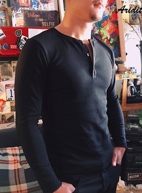 厚款男装重磅保暖纯色纯棉黑色亨利领开门襟长袖美式硬汉T恤上衣