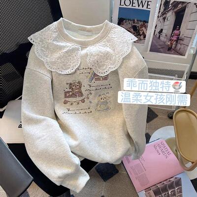 2025秋季女童新款花边卫衣儿童秋冬娃娃领洋气中大童加绒加厚上衣