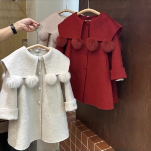 女童秋冬毛呢外套2025新款韩版中大童红色洋气拜年服女孩新年衣服