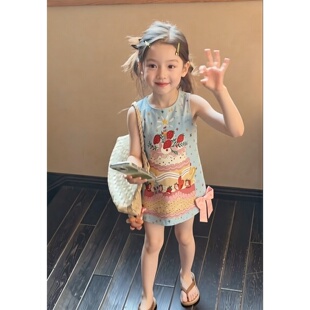 女童夏季新款甜美蛋糕印花无袖洋气公主背心裙2026中小童洋气裙子
