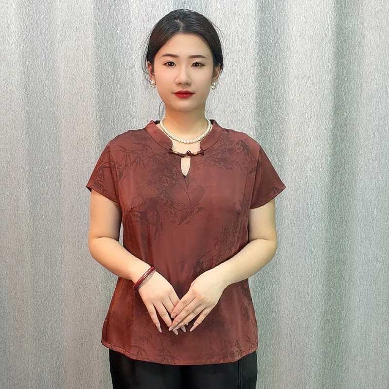 新中式风真丝缎短袖上衣女中老年妈妈装盘扣宽松显瘦洋气小衫