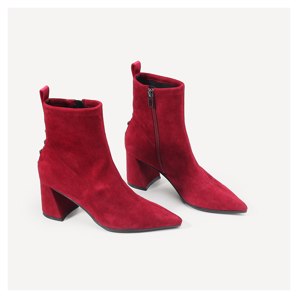 clair de fancy秋冬气质圣诞红舒适粗跟显瘦弹性羊绒一脚套短靴