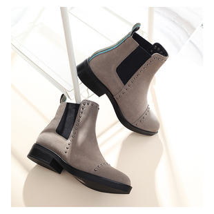 fed 冬季休闲帅气铆钉保暖毛里低跟尖头无拉链切尔西反绒牛皮短靴