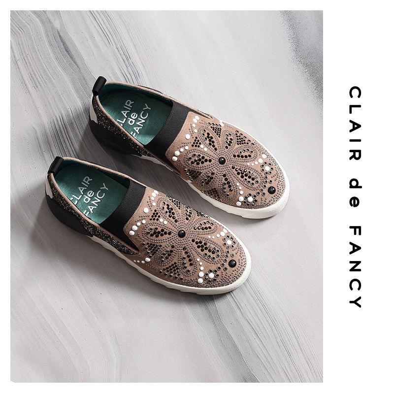 clair de fancy欧美闪钻铆钉休闲绒面圆头厚底羊绒亮片休闲鞋单鞋