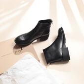 fed 秋冬新款 圆头舒适百搭软底显瘦秀气中跟真皮女短靴