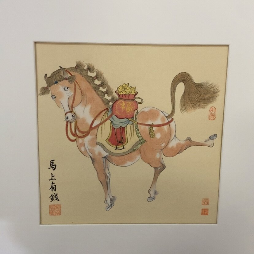纯手绘马上有钱中式马图 实木装裱挂画客厅玄关装饰画送领导长辈