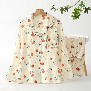 新款纯棉睡衣女双层棉纱布减龄卡通长袖长裤泡泡纱甜美薄款家居服