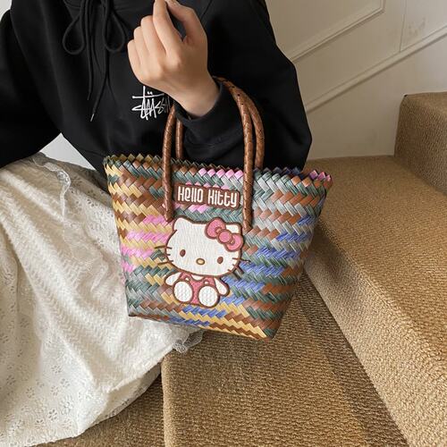 hellokitty菜篮子编织包包女藤编通勤度假风大容量手拎单肩沙滩包