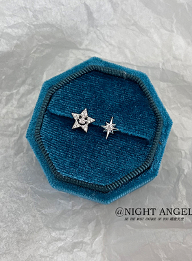 不对称镶钻微笑的星星耳骨钉潮轻奢锆石八芒星耳钉钛钢耳针耳环新