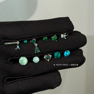 定制天火烟花绿色系耳骨耳蜗钉集合超闪钛钢华子耳钉绿钻水滴耳扣