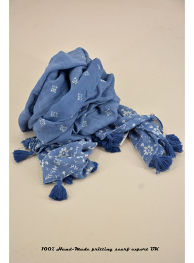 英国原创「100%viscose 粘胶纤维」靛蓝色牛仔风吊穗工艺印花围巾