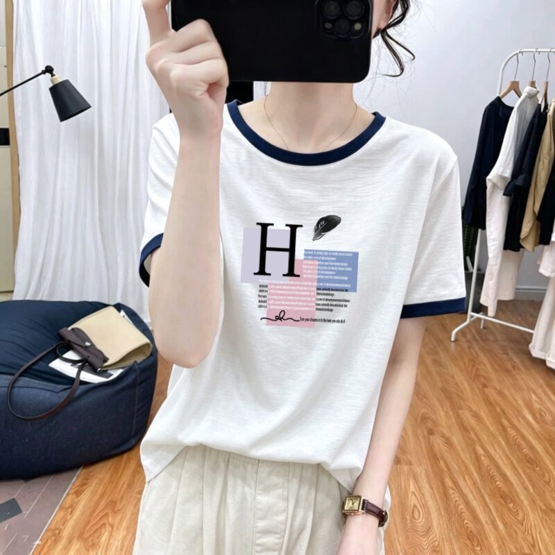 竹节棉新款夏季短袖大码T恤半袖女衫遮肚百搭宽松上衣潮流女装