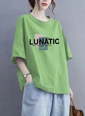 夏季大码女士100%纯棉薄款宽松显瘦百搭印花遮肉T恤女妈妈装潮流