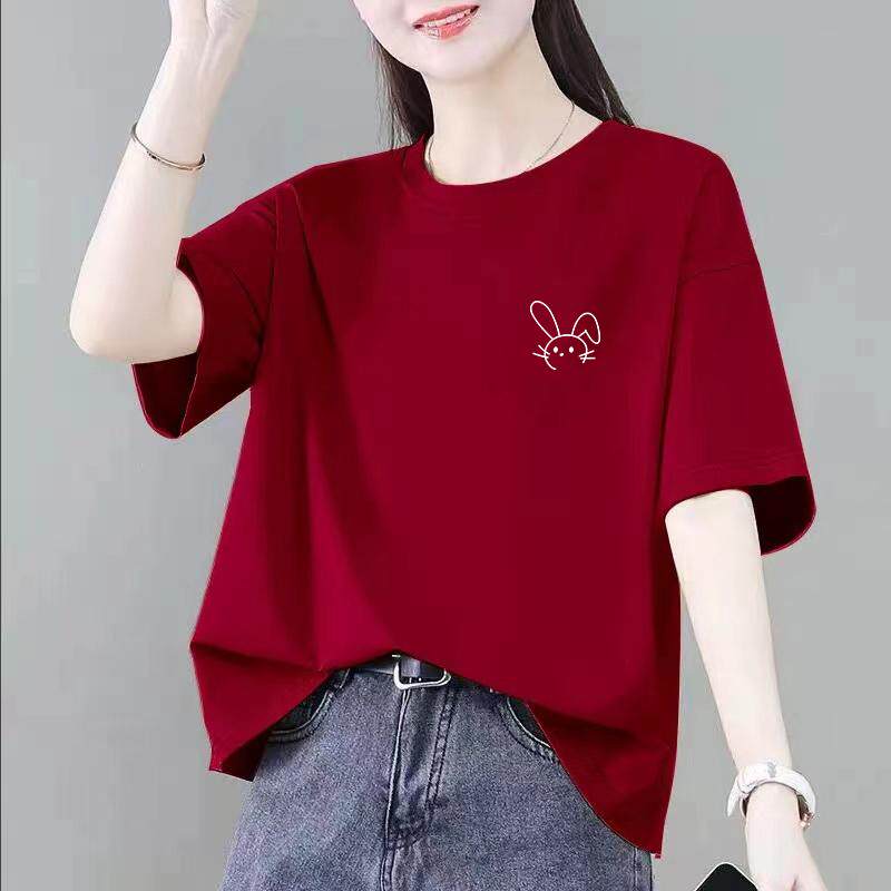 圆领印花短袖上衣2026新款夏季纯棉T恤女宽松显瘦休闲设计感半袖