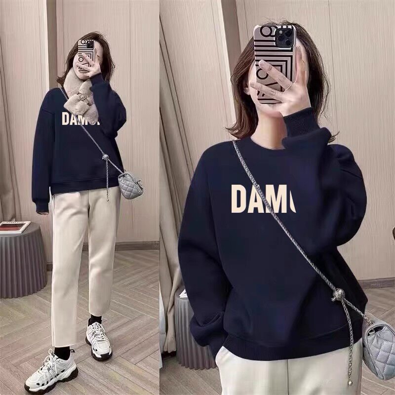 秋冬圆领加绒卫衣女休闲加厚套头修身显瘦时尚印花外穿韩版上衣潮