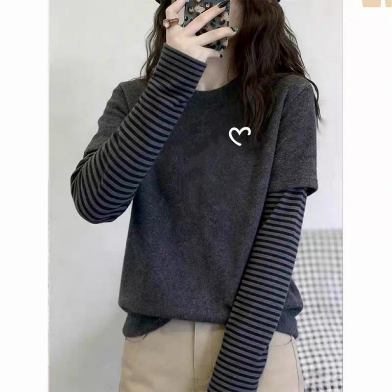 纯棉新款假两件拼接条纹长袖t恤女装时尚百搭上衣春秋冬季