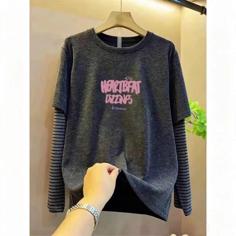 纯棉条纹拼接假两件长袖t恤女装新款时尚百搭印花上衣春秋季