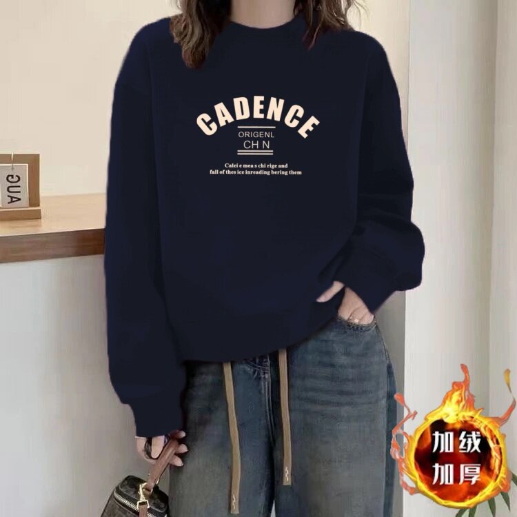 加绒圆领卫衣女加厚套头大码宽松显瘦保暖休闲外穿长袖上衣秋冬