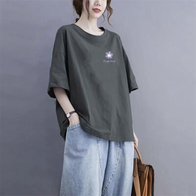 纯棉大码200斤宽松遮肉短袖T恤女显瘦半袖圆领打底百搭夏装上衣