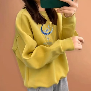 圆领秋冬卫衣女加绒加厚宽松显瘦长袖外套休闲套头外穿百搭上衣服