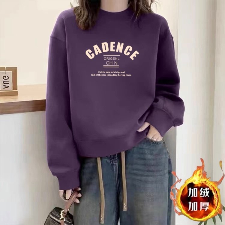 加绒圆领卫衣女加厚套头大码宽松显瘦保暖休闲外穿长袖上衣秋冬