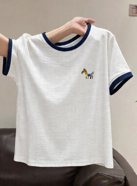 小个子时尚宽松竹节棉短袖上衣女夏装新款大码洋气休闲T恤薄