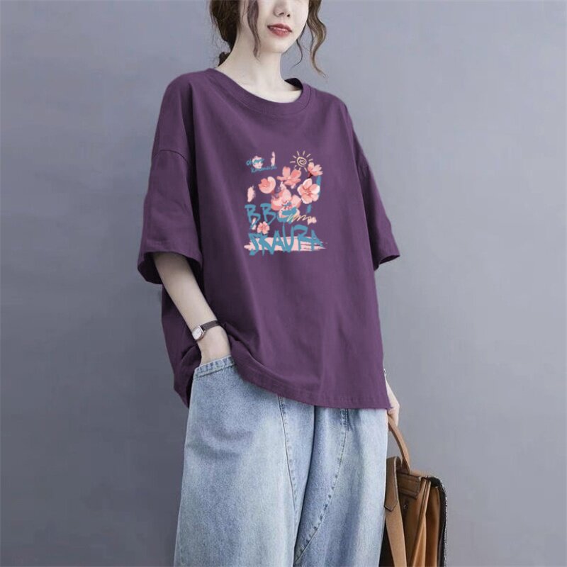 纯棉短袖t恤2026新款春夏大码宽松显瘦百搭女士中年妈妈上衣潮流