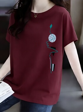 夏季大码女士100%纯棉薄款宽松显瘦百搭印花遮肉T恤女妈妈装潮流