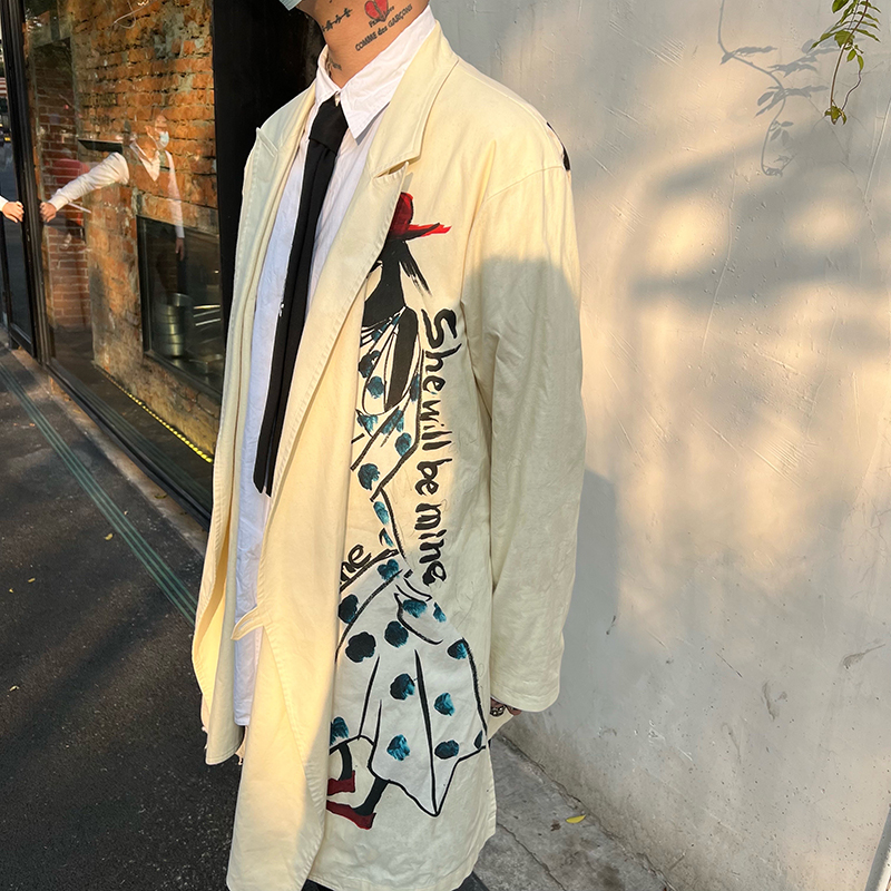 -EvanXX 原创Yohji山本暗黑风朝仓优佳手绘中长款棉麻西装外套