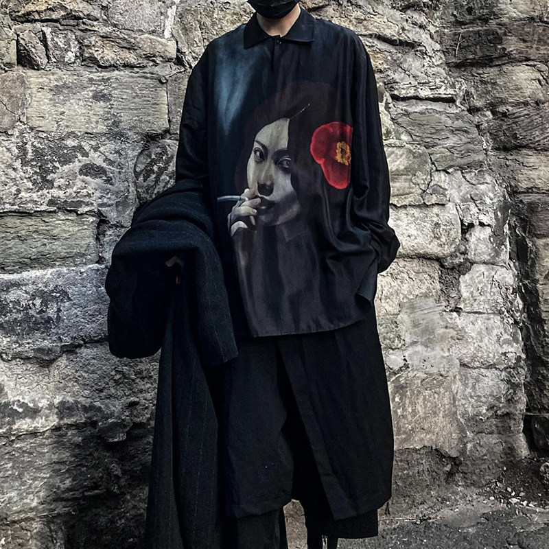 -EvanXX 原创暗黑风内田雀吸烟女椿真丝双面穿薄款衬衫