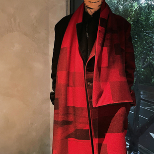 -EvanXX 原创暗黑风赤黑围巾羊毛秋冬重磅大衣风衣