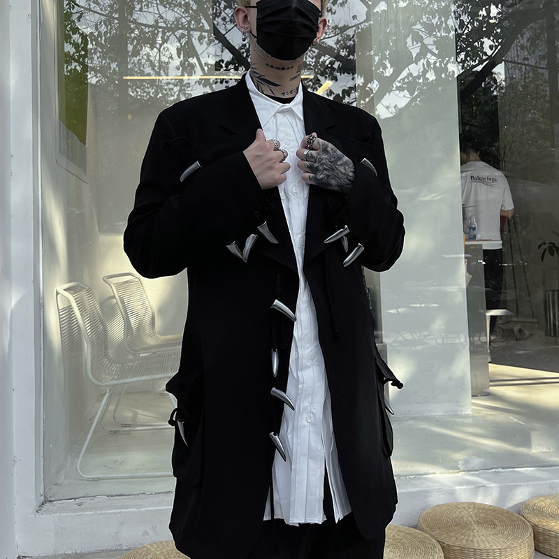 -EvanXX 原创暗黑风银牛角扣薄款三醋酸面料秋款西装