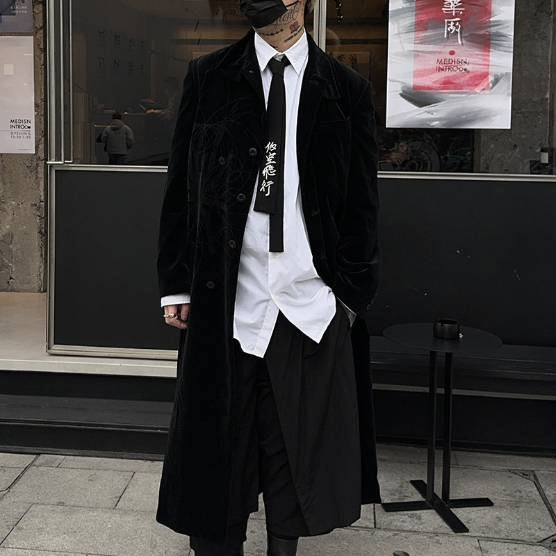 -EvanXX 原创暗黑风蛛网大蛇家纹丝绒长款大衣外套