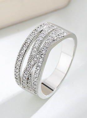 跨境欧美简约满砖戒指时尚个性女线条交叉指环流行饰品现货