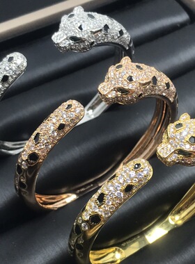 豹头斑点满天星手镯满钻v金手环欧美风精工豹子手环仿真黄金开口