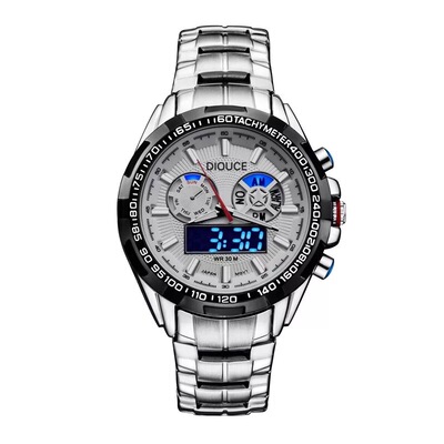 diouce迪欧石英表男士手表数字显示白壳白面双机芯手表防水30mLED