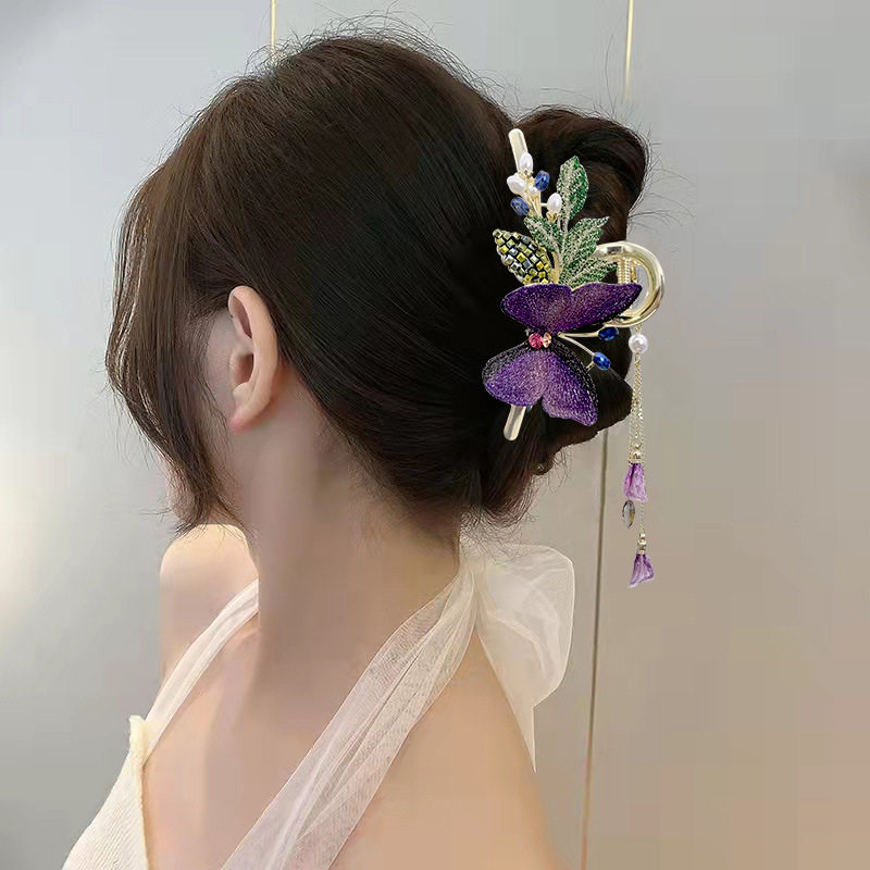 古风刺绣蝴蝶流苏抓夹金属感后脑勺鲨鱼夹中国风头发夹子现货