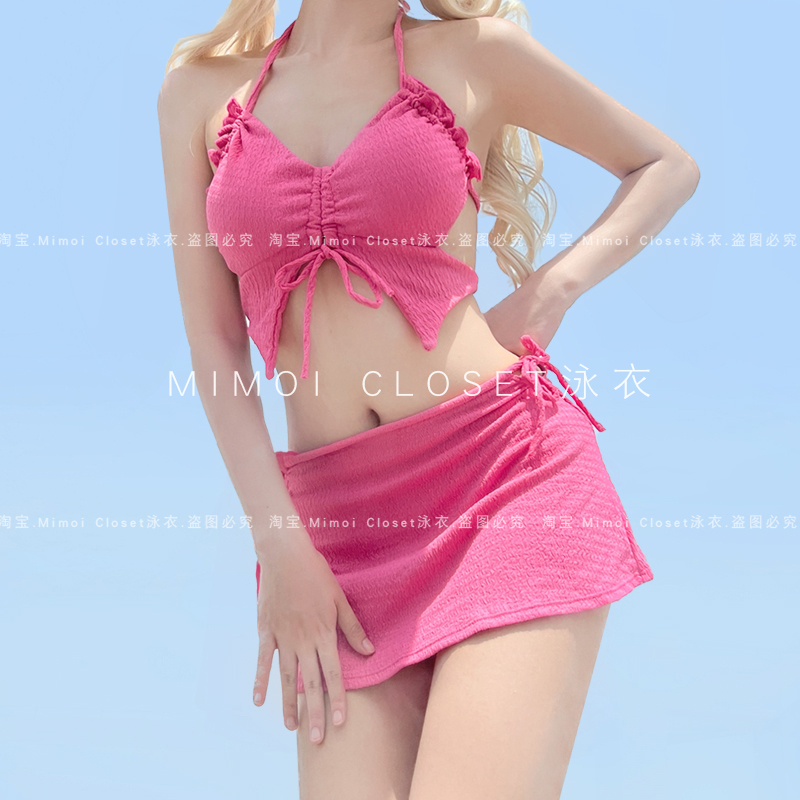 MimoiCloset玫红设计感游泳衣女