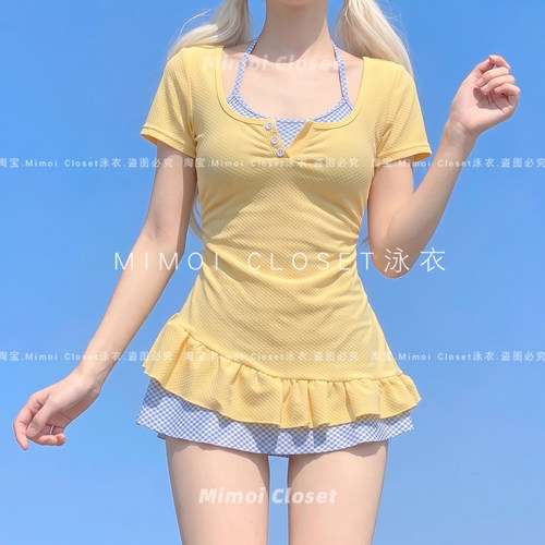 Mimoi奶黄抽绳连体短袖游泳衣女